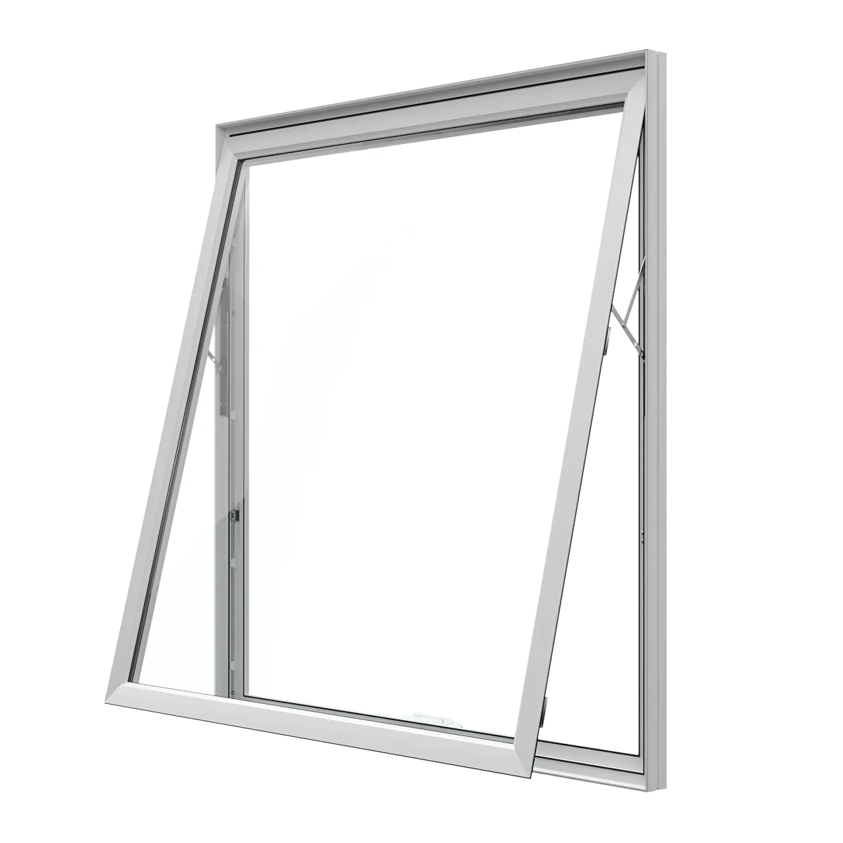 White awning window opened outward from the bottom