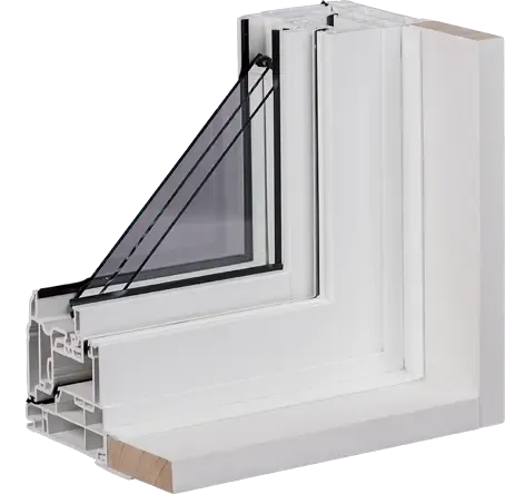 Cutaway drawing of a casement window with an interior extension profile