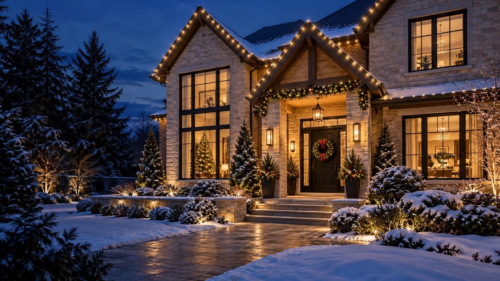 Christmas advertising artwork: a snow-covered home with warmly lit windows and a decorated entrance.