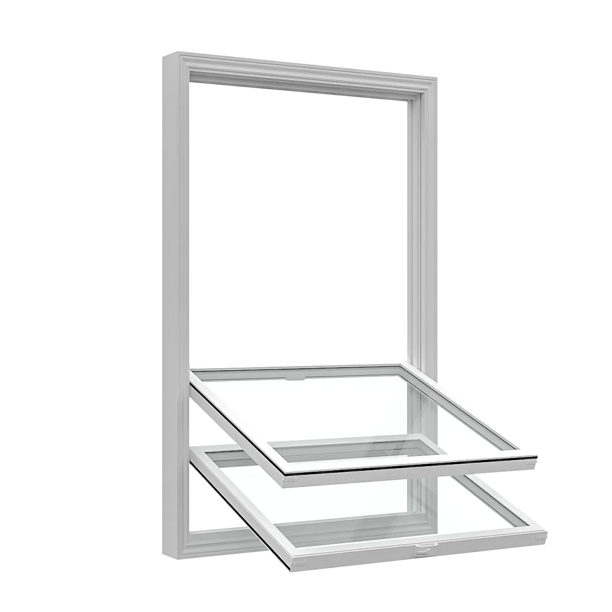 White double-hung window with both sashes tilted inward