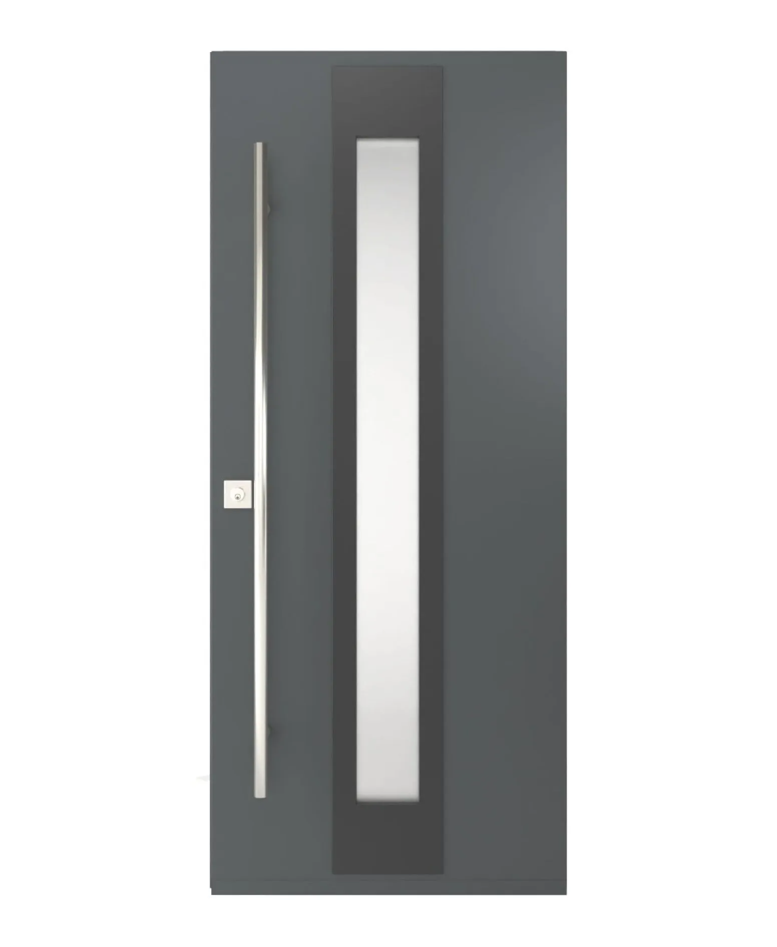 Dark entry door with a full-height narrow glass insert