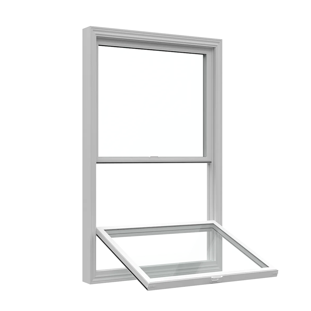 White single-hung window with the lower sash tilted inward