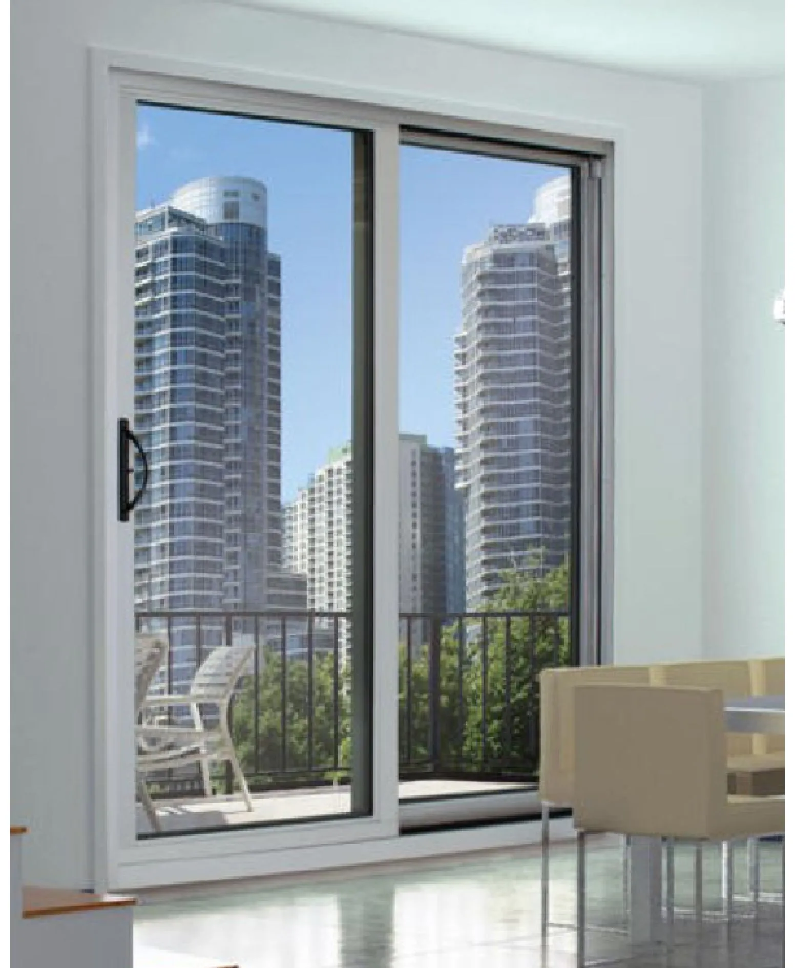 White sliding patio door viewed from inside a home