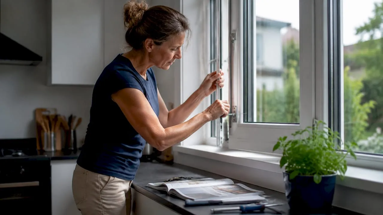 Homeowner checking a window hinge with an Allen key