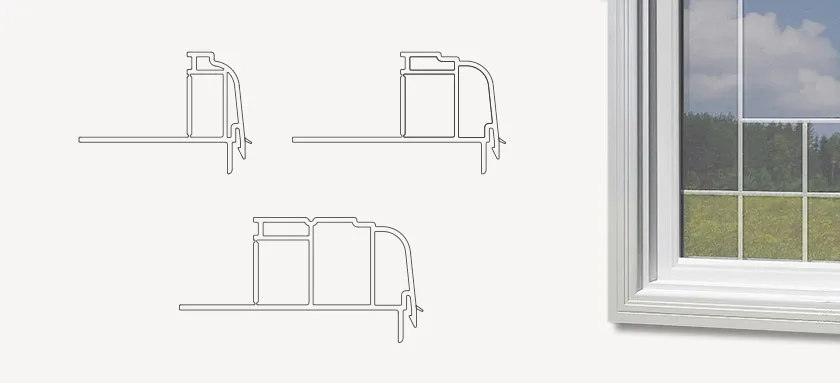 Three window brickmould profile cross-sections beside a finished window