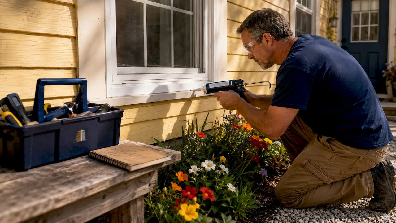 Applying caulk along an exterior window frame