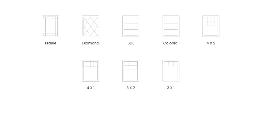 Examples of prairie, diamond, colonial and partial window grille patterns