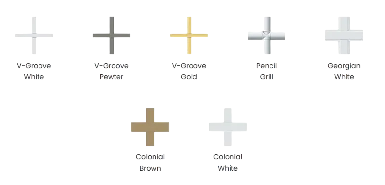 Examples of flat and contoured window grille bar profiles in several finishes