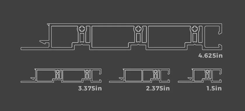 Cross-sections comparing several window jamb extension depths