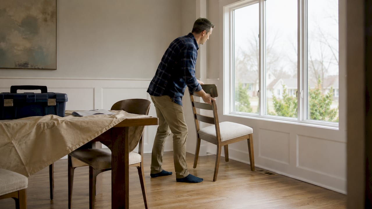 Homeowner moving furniture before window replacement