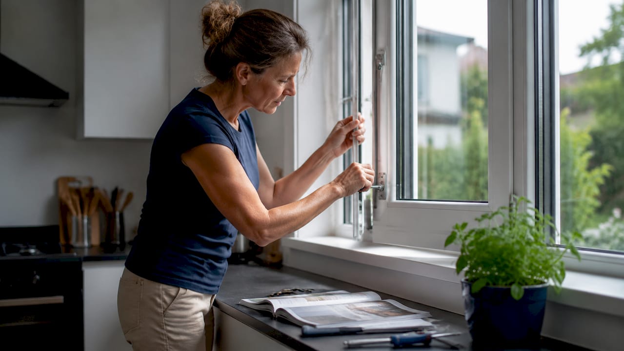 Homeowner adjusting window hinge with Allen key