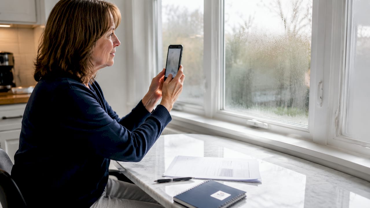 Woman photographing window defect with smartphone