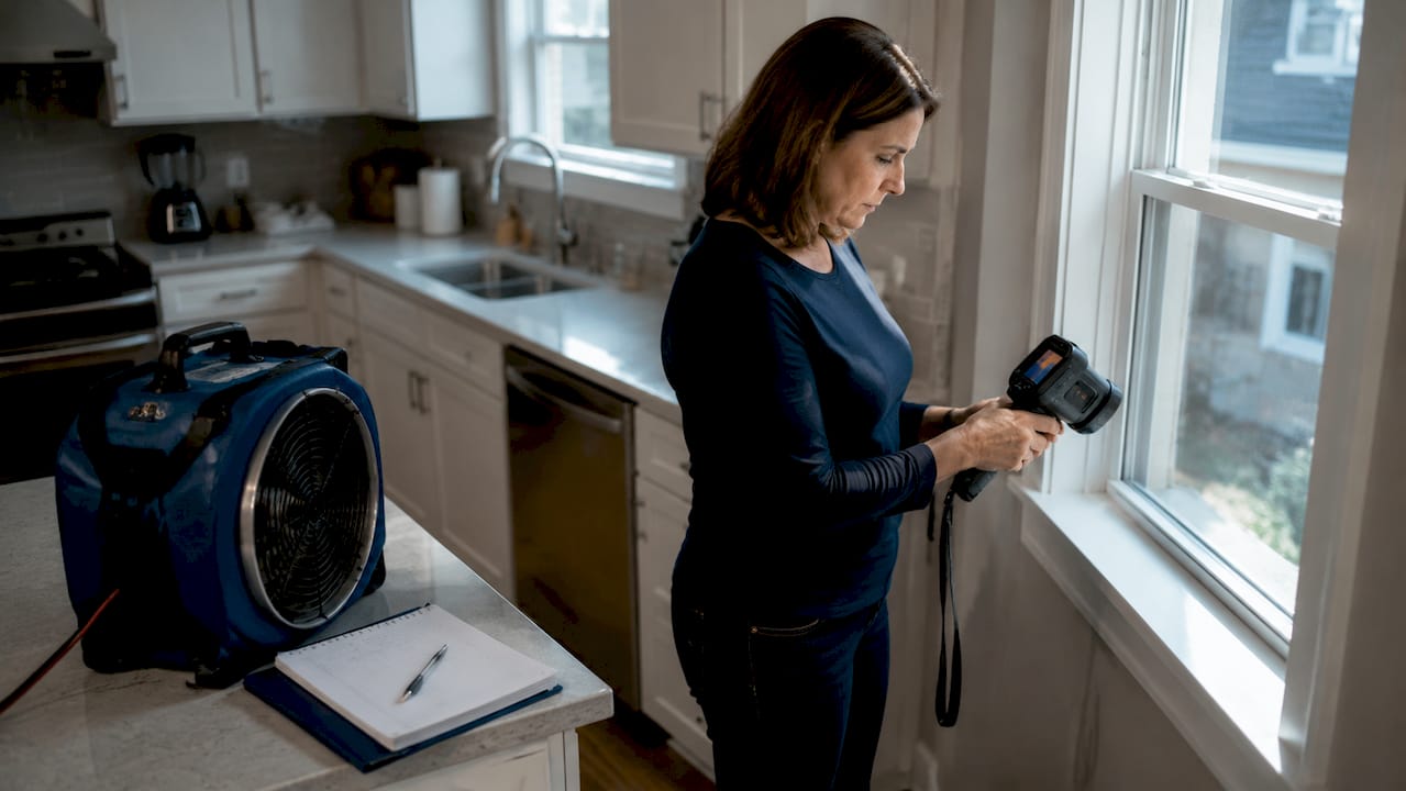 Homeowner inspecting window with infrared camera