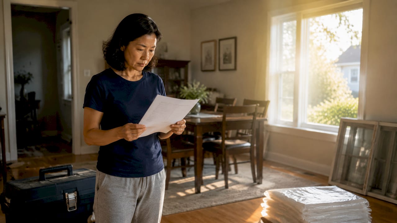 Homeowner reviewing window replacement checklist indoors