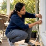 Homeowner applying foam weatherstripping to window