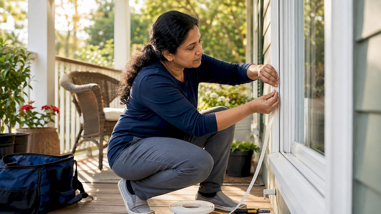 Homeowner applying foam weatherstripping to window