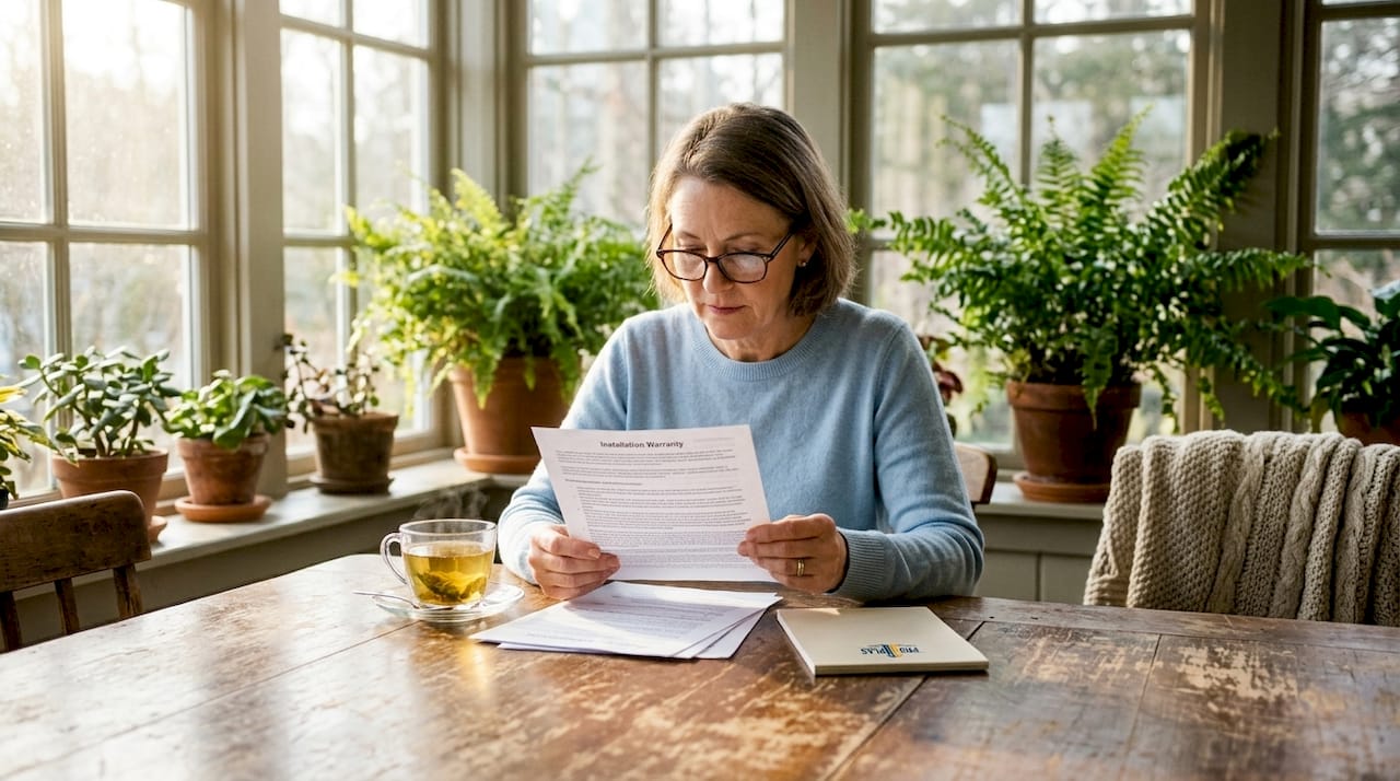 Woman reading window installation warranty at kitchen table