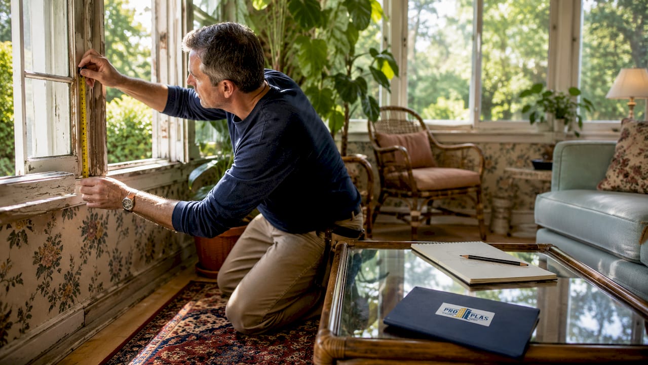Homeowner measuring old wooden window frame