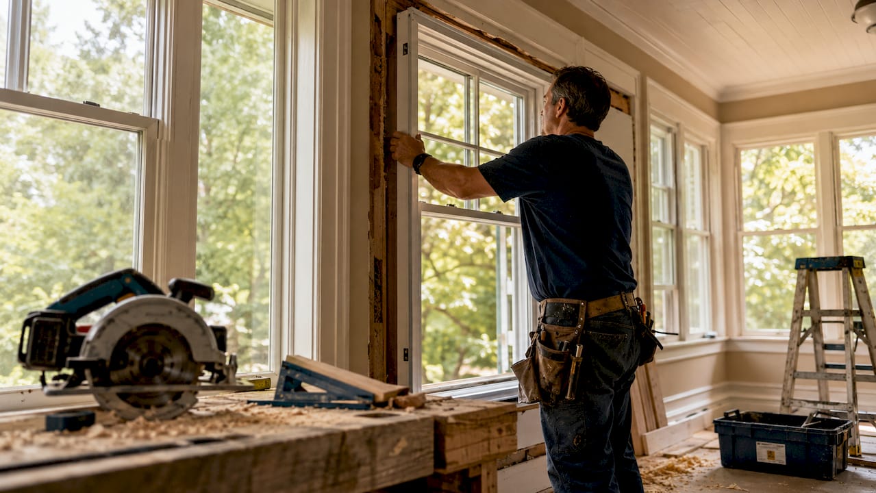 Contractor installing retrofit window frame