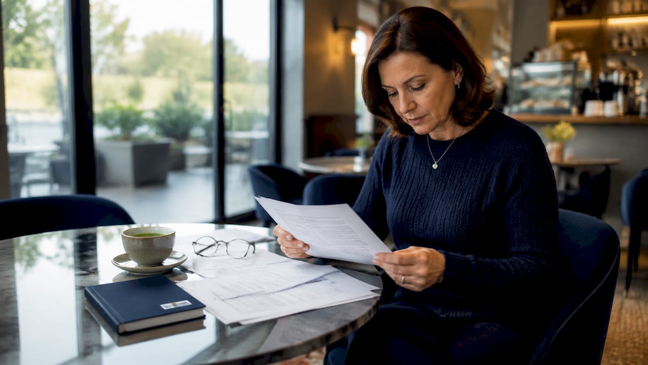 Homeowner reading warranty paperwork at kitchen table