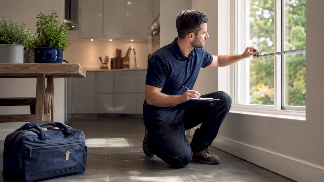 Technician measuring window frame indoors
