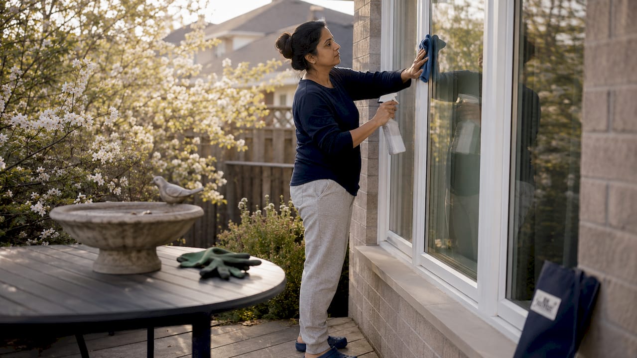 Woman cleaning window at Canadian home