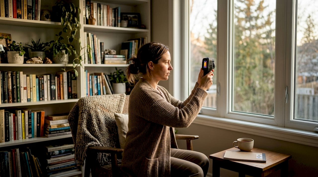 Homeowner assessing window energy efficiency