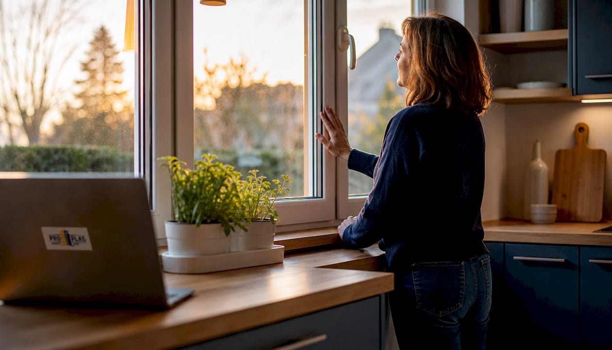 Homeowner inspecting new triple-glazed window