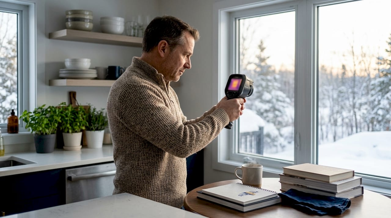 Homeowner inspecting window heat loss with thermal camera