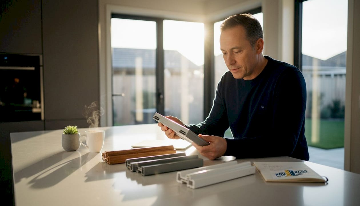 Homeowner examining window frame samples at dining table