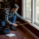 Man measuring bay window inside living room