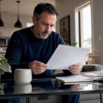 Homeowner reviewing door warranty document at kitchen table