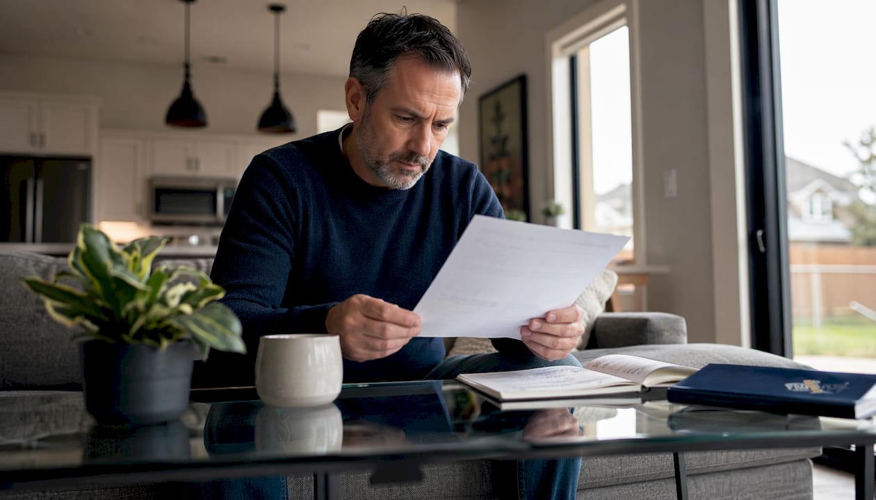 Homeowner reviewing door warranty document at kitchen table