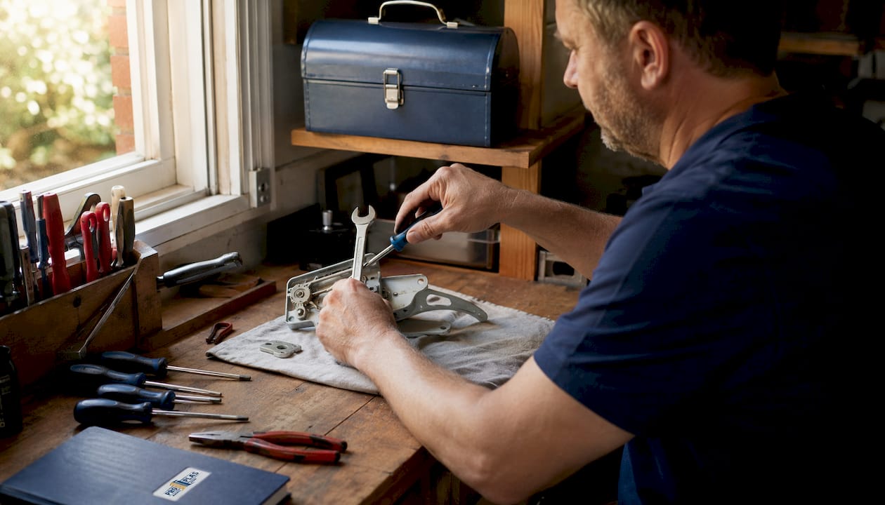 Close-up of hands repairing window hardware