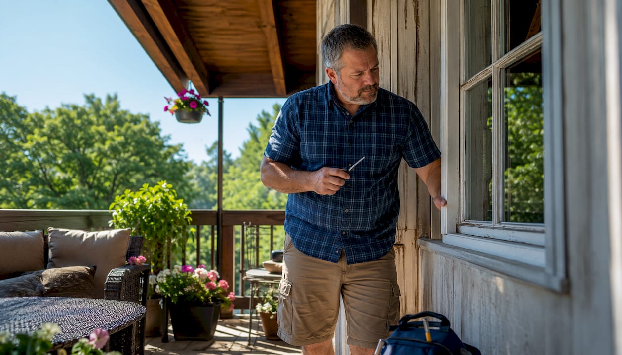 Homeowner inspecting window frame indoors