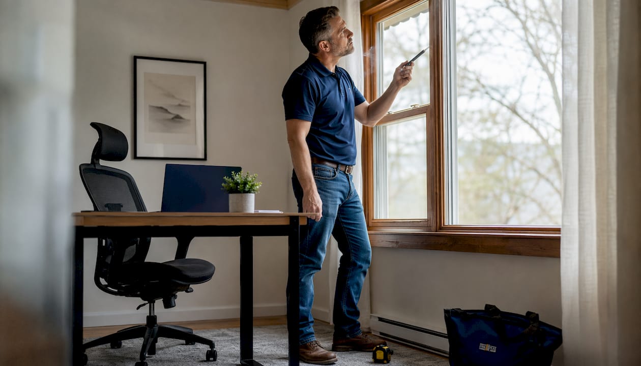 Man measuring window air leakage using smoke pencil