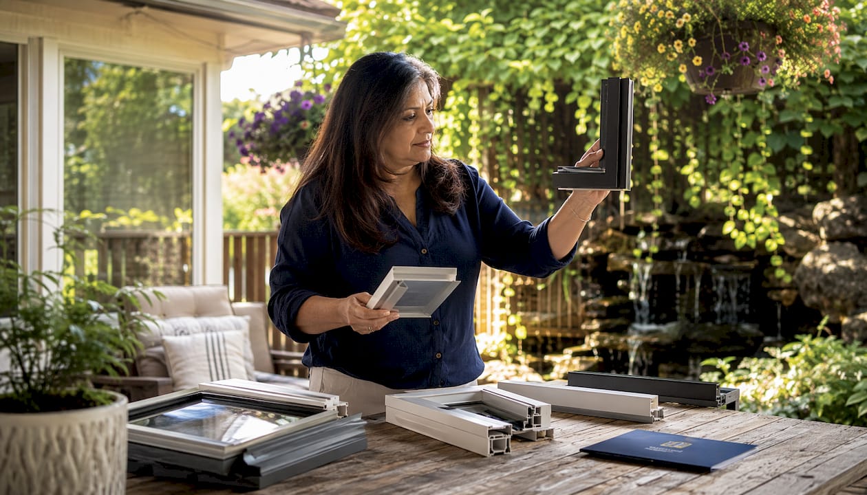 Woman comparing window frame samples at home