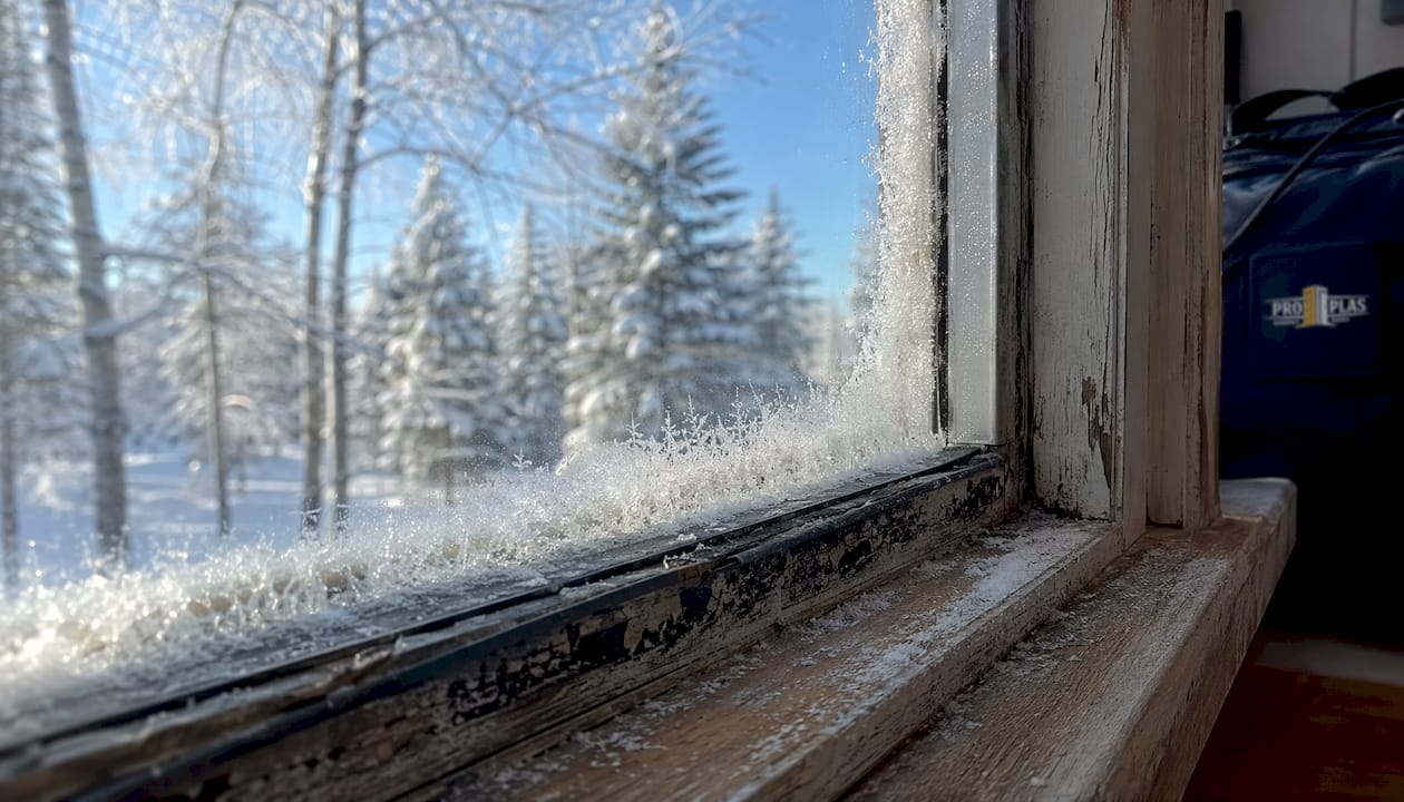 Frosted window frame with worn seal in winter