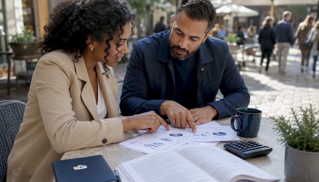 Couple comparing window warranty options at desk