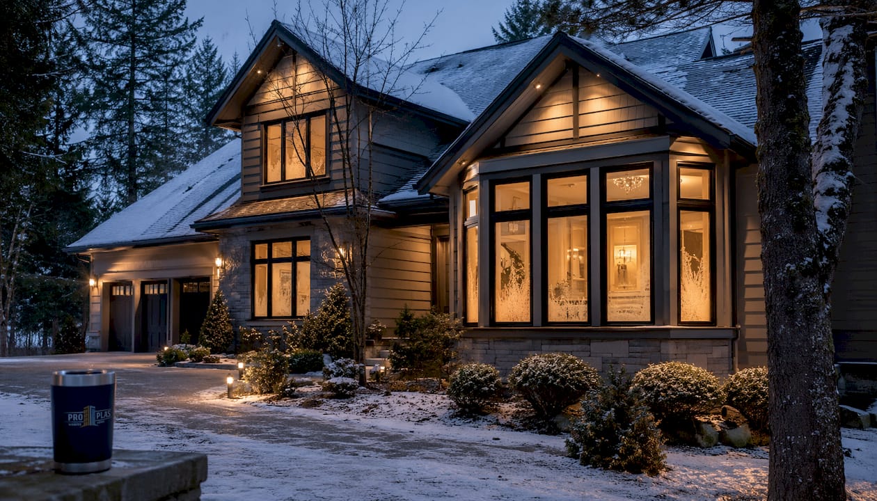 Canadian home exterior with energy-efficient windows in winter