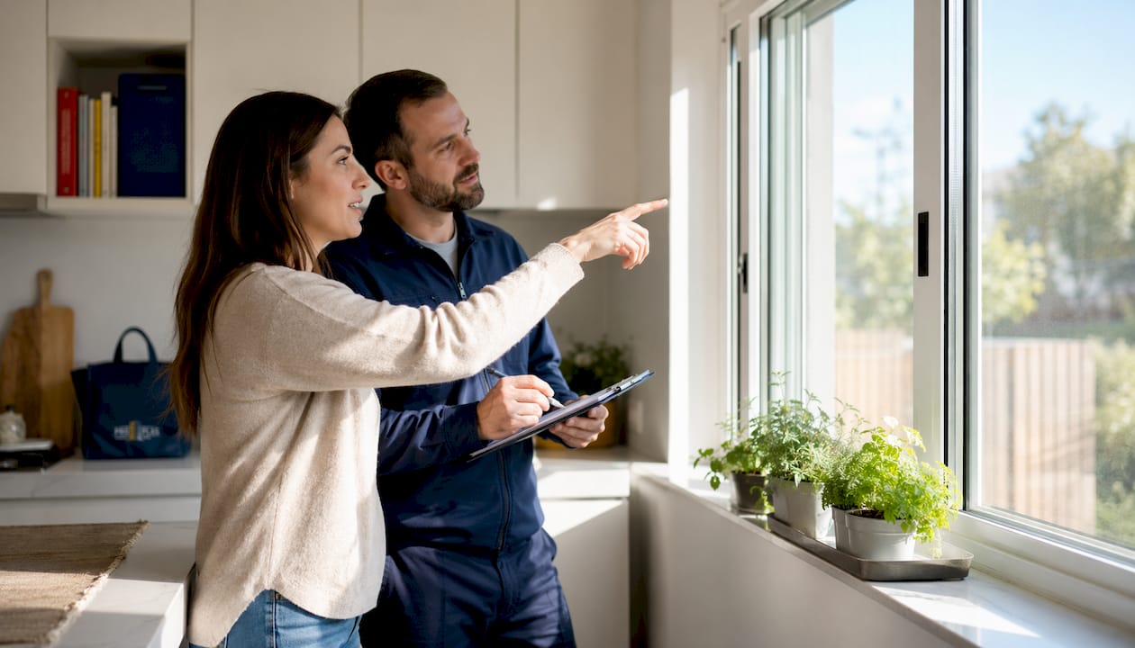 Homeowner discussing window inspection with installer
