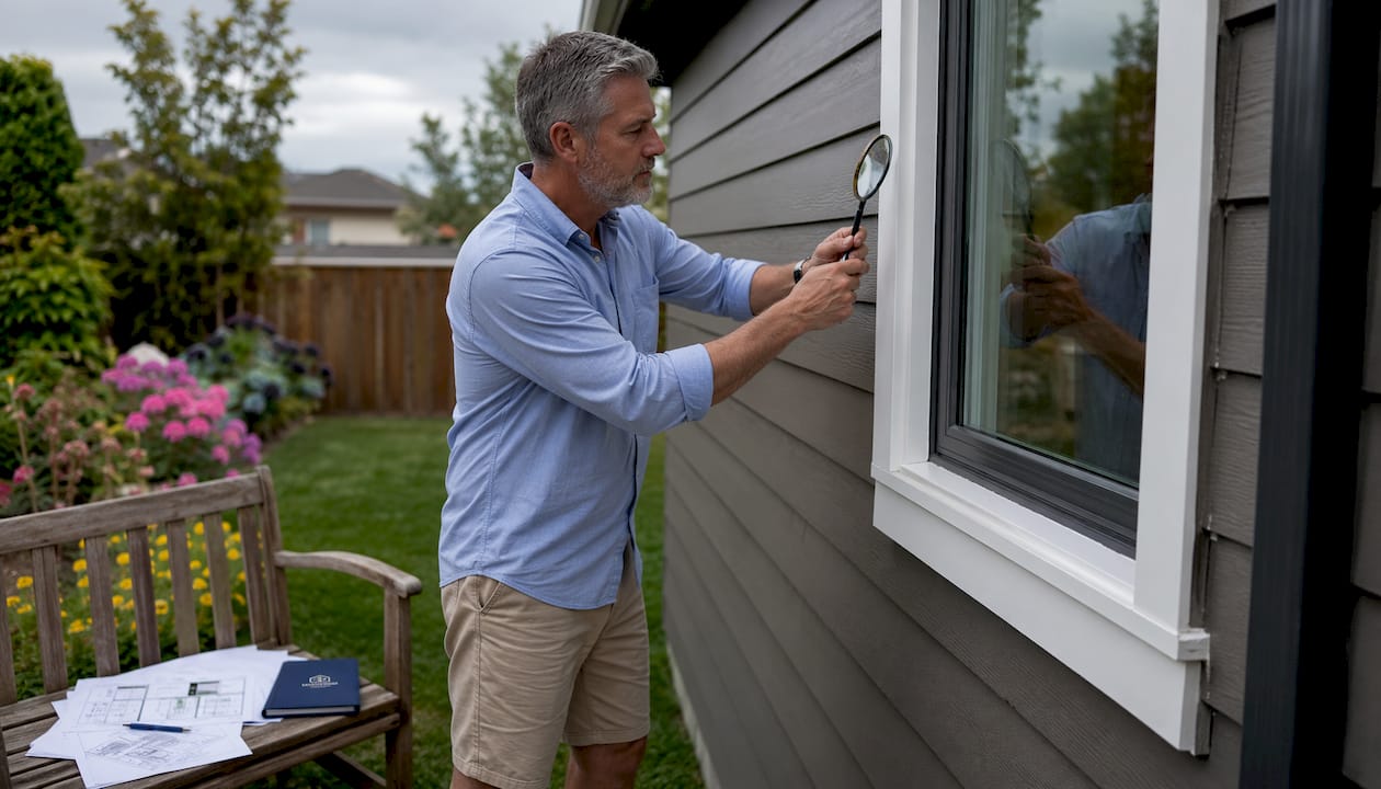 Homeowner inspecting newly installed window exterior