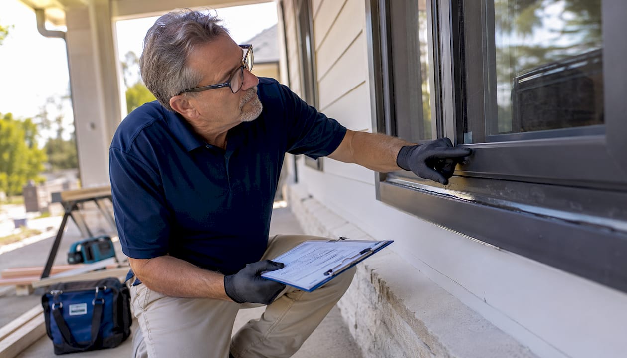 Inspector checking window installation details
