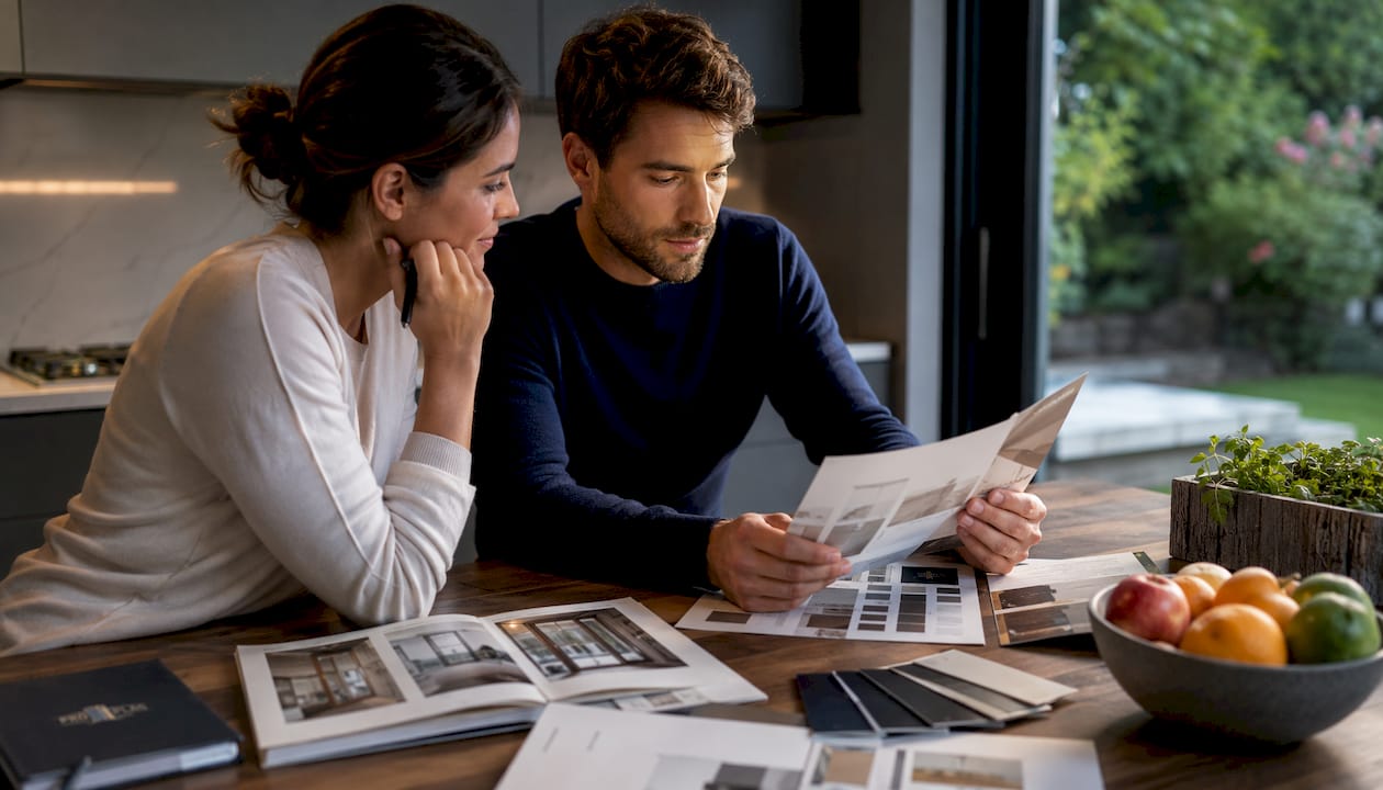 Couple discussing window upgrade options at home