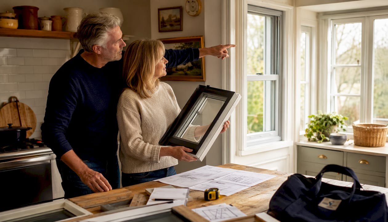 Couple reviewing custom window samples indoors