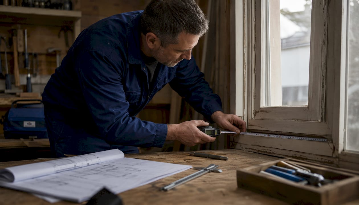 Hands measuring window frame with laser tool