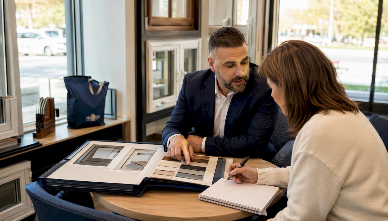 Homeowner and designer discussing window styles