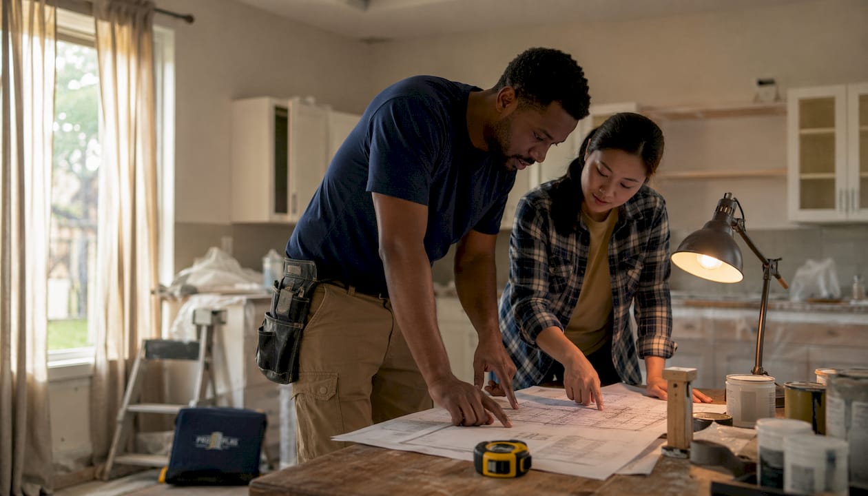 Contractors discussing renovation plans in living room