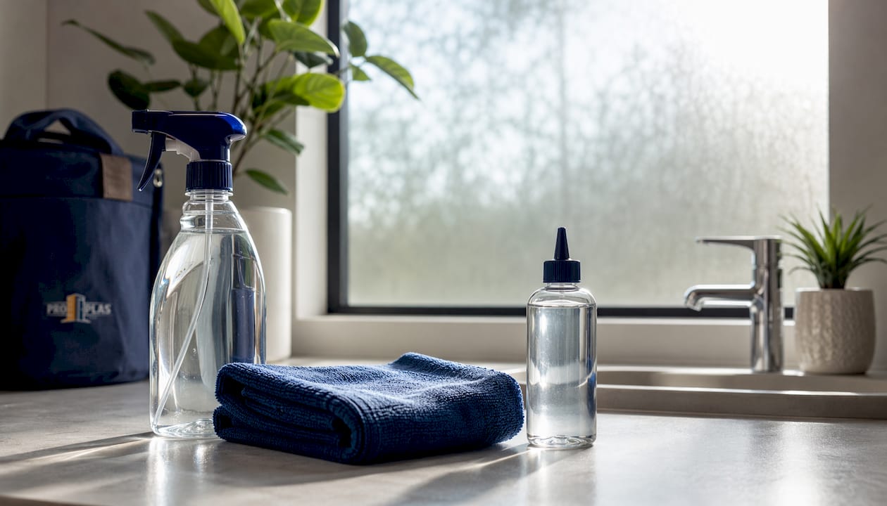 Approved window cleaning products on counter