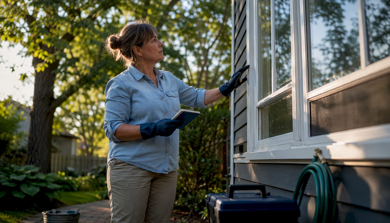 Woman inspecting house window maintenance
